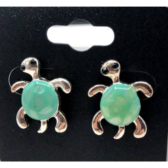 Sea Turtle Earrings Green Resin Pearlescent Confetti Silver Tone Studs - Picture 1 of 6
